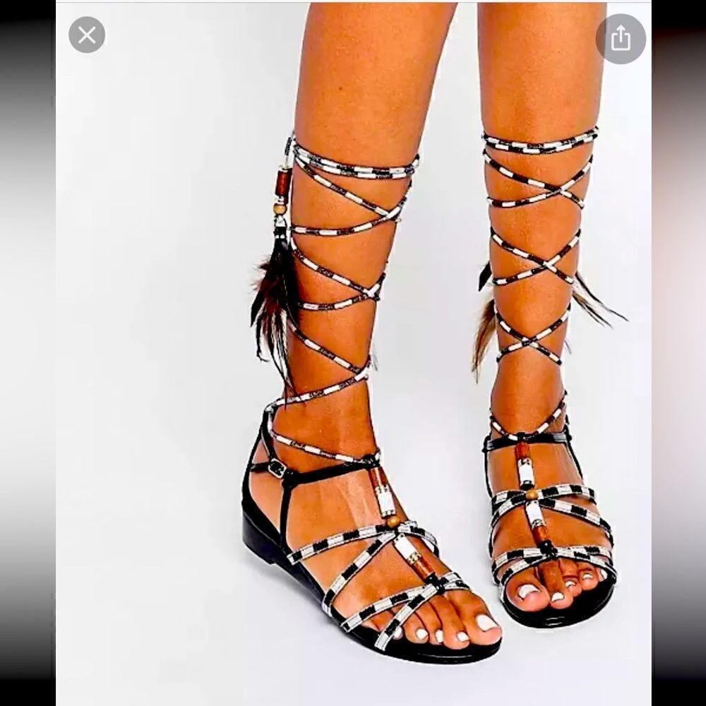 Sz8 ALDO lace up/leg wrap Ninna festival feather flat sandals/boho sexy